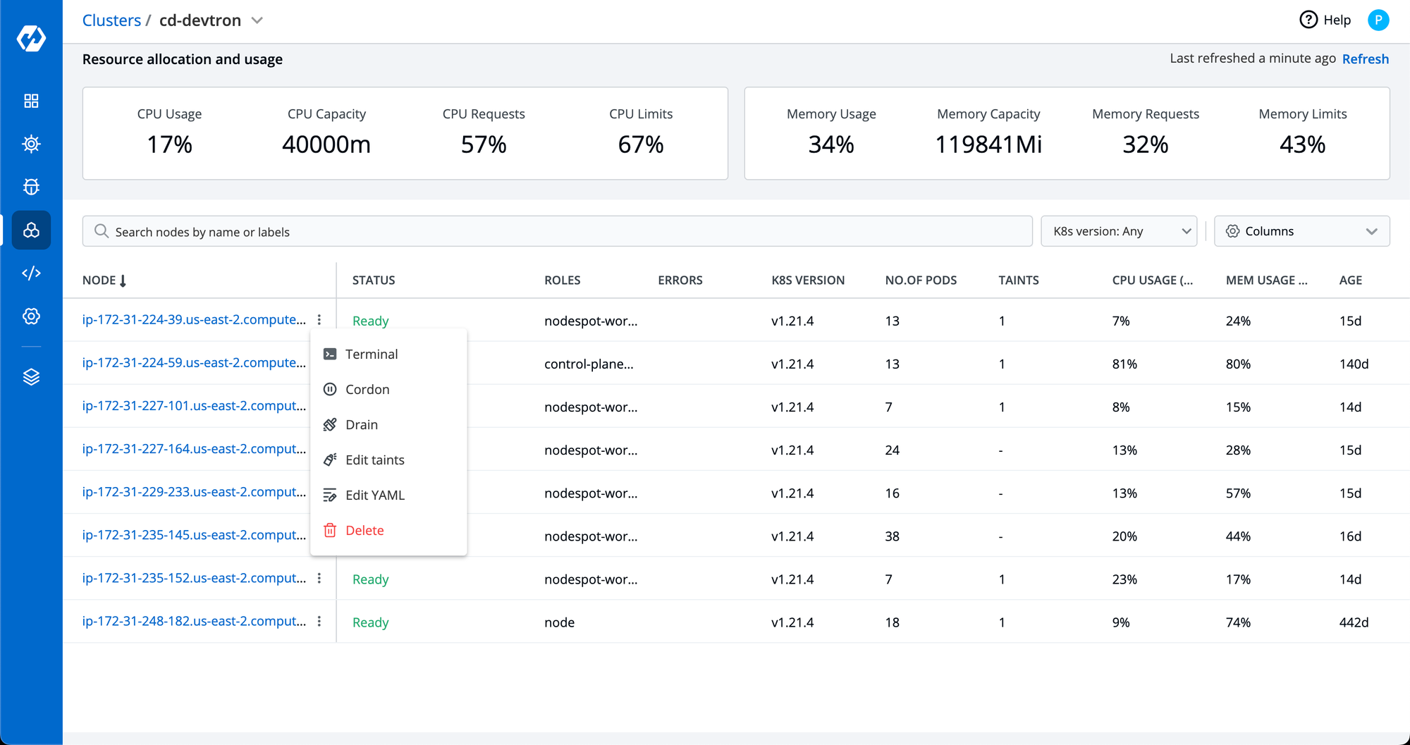 View on the number of the nodes that are being created on the Kubernetes Cluster