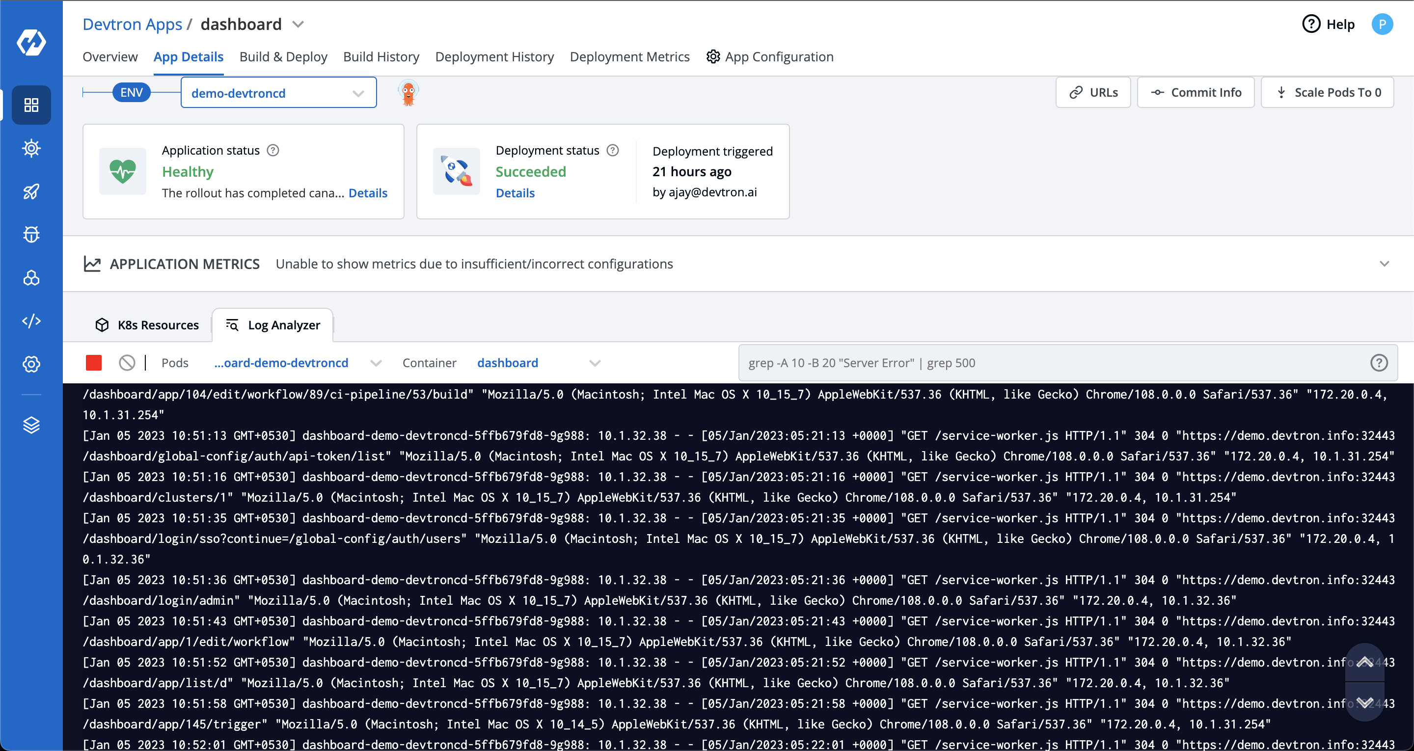 Log analyzer in the Real time Action on Devtron