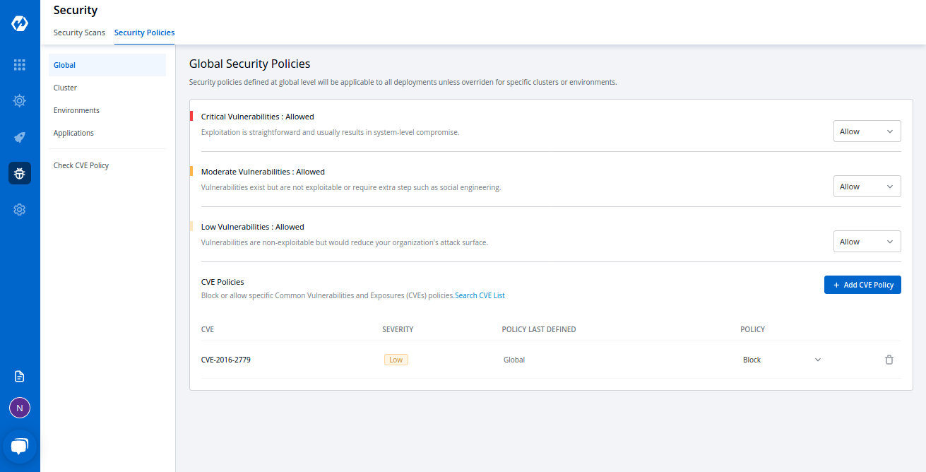 Global security policies configuring tab.