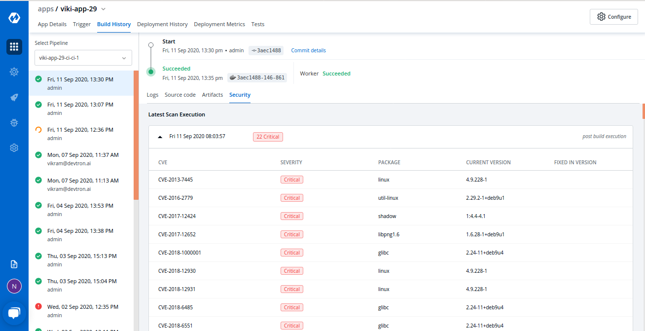 Screenshot from Devtron web UI showing all the vulnerabilities found in a build image.
