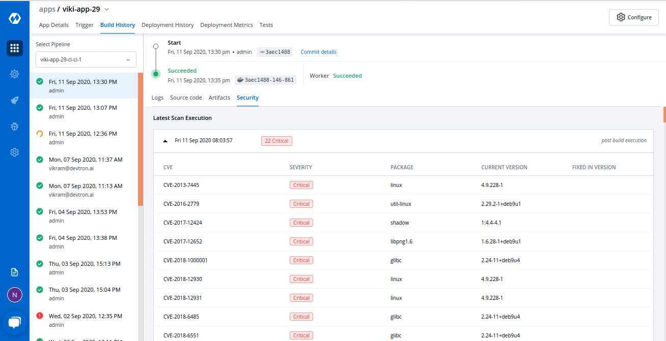 Fig. C - Devtron security tab showing vulnerabilities found in an image along with their CVE IDs, severity levels, 	packages, current versions, and fixed in versions. 