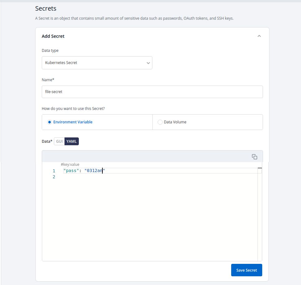 Fig. B - Secrets tab in Devtron with options to use secrets as an environment variable and data volume