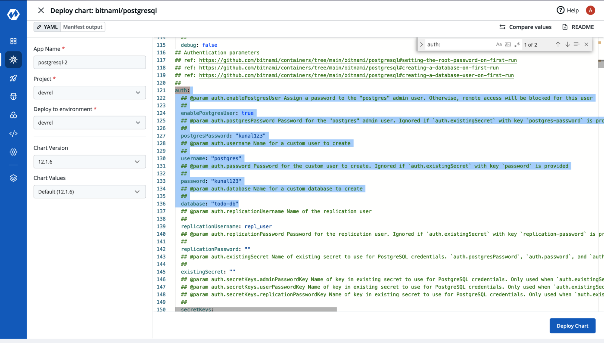 Chart Configurations in Kubernetes Helm Dashboard