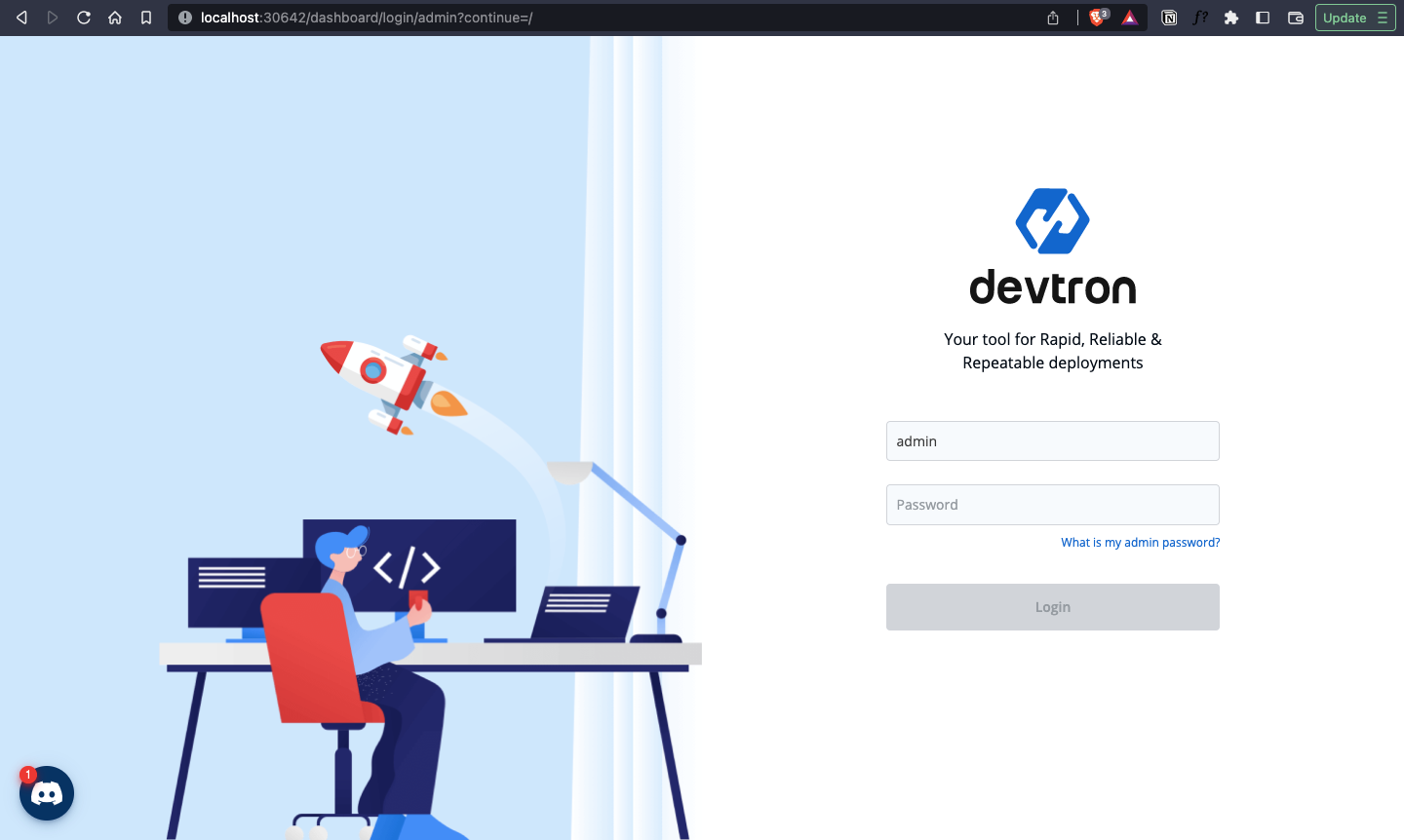 Devtron Dashboard login page