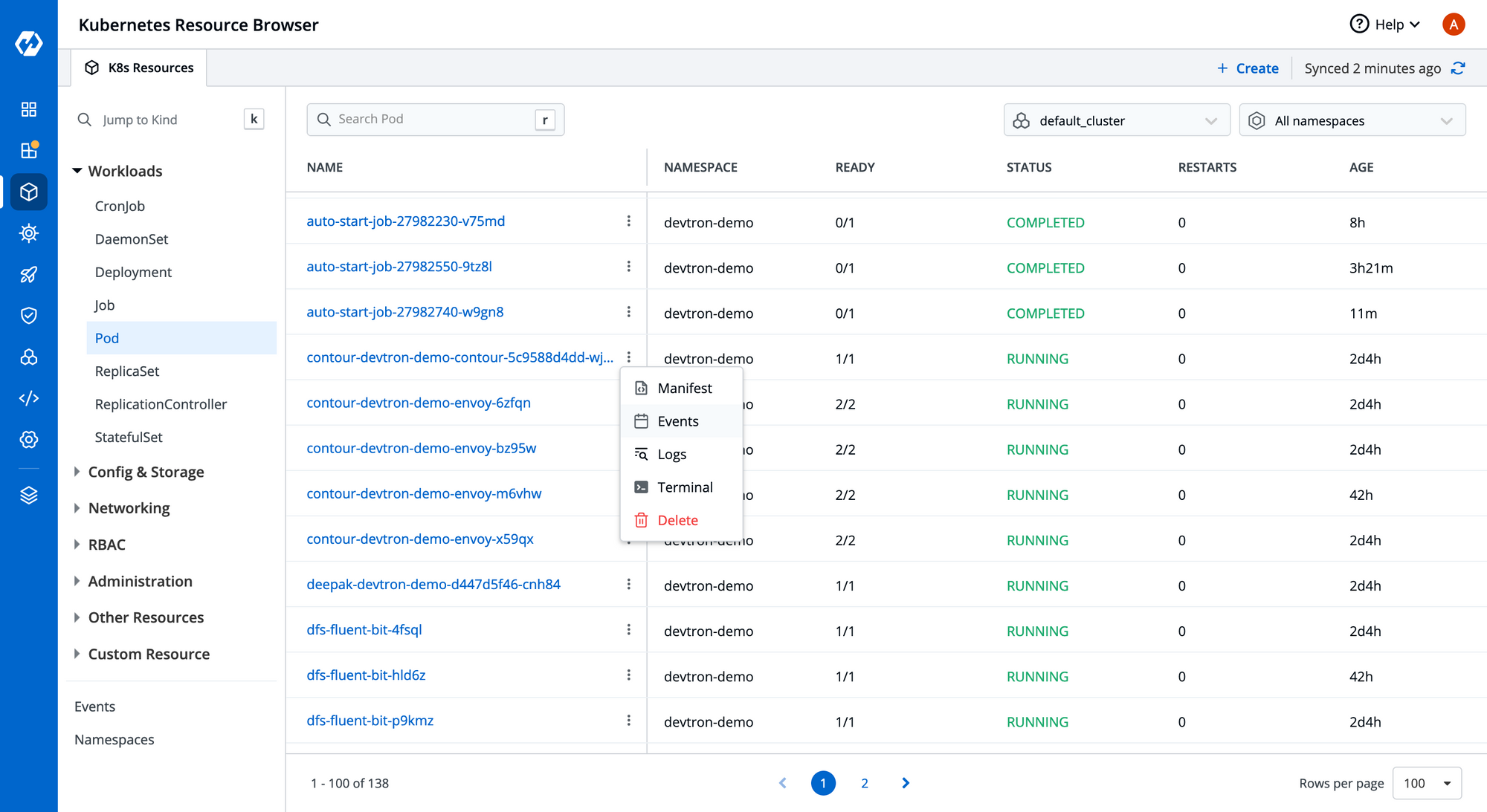 resource browser, pod operations