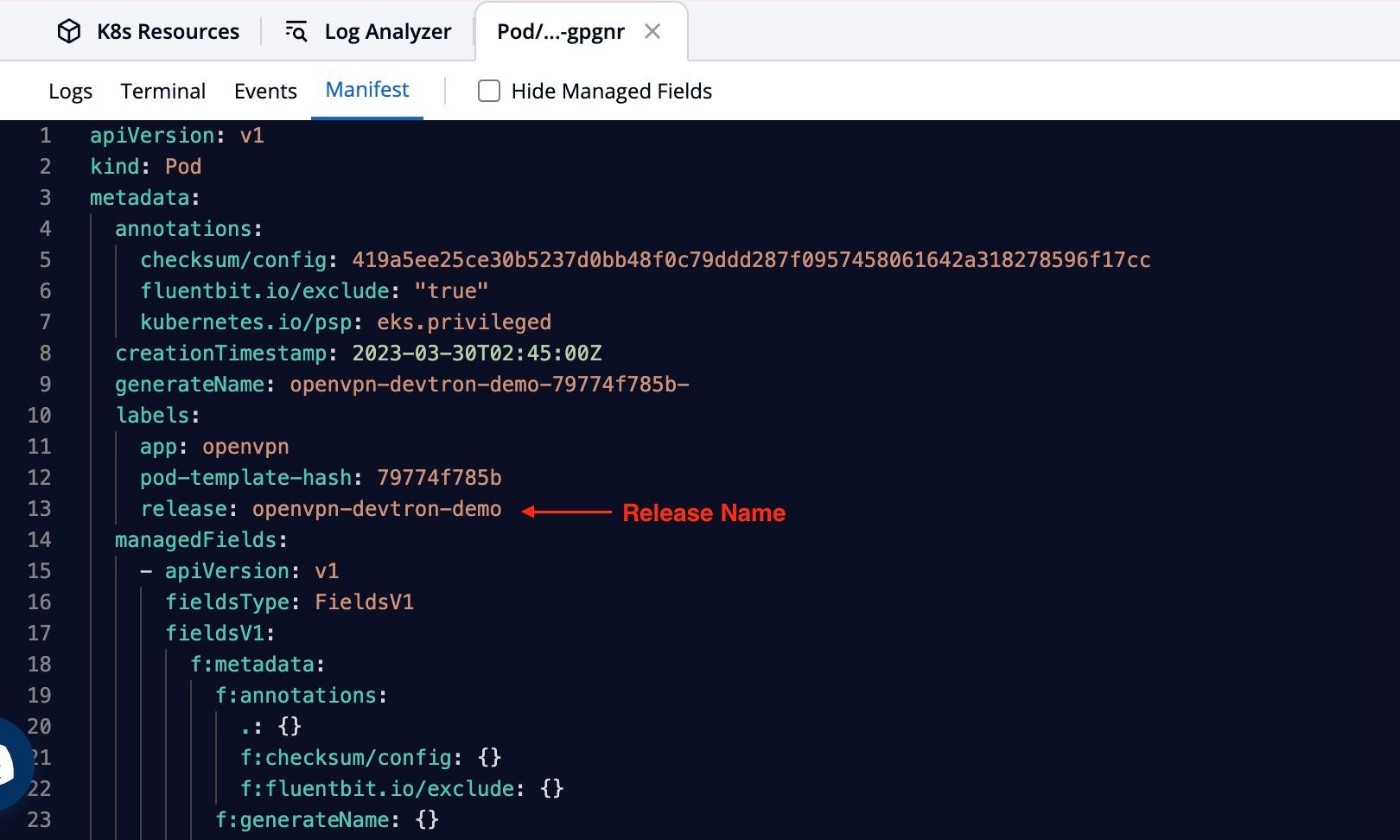 Manifest file for OpenVN helm chart. Use this release name for executing the script.