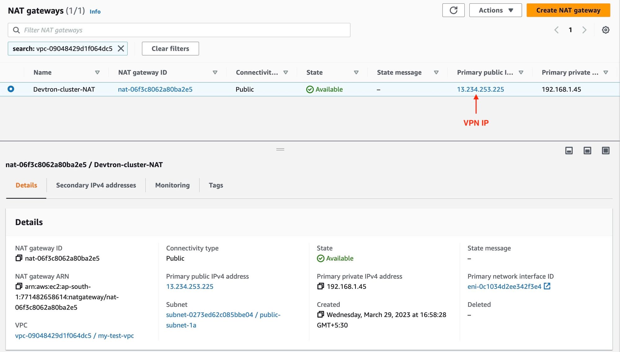 Elastic IP of the NAT gateway of VPC is the VPN IP