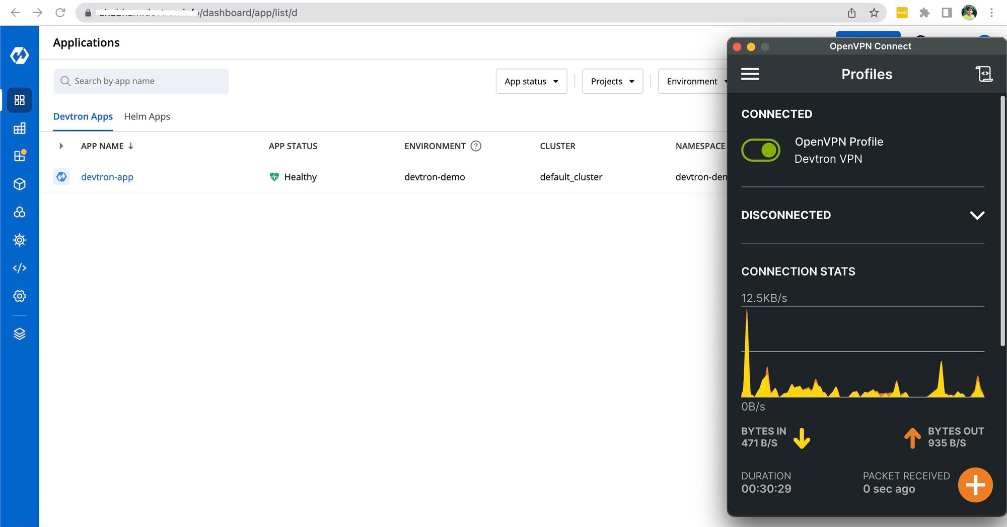 Kubernetes dashboard i.e Devtron is accessible as soon as VPN is connected