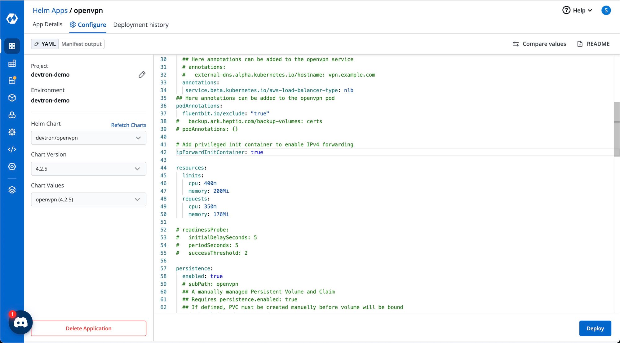 Open VPN helm chart file on Devtron Platform