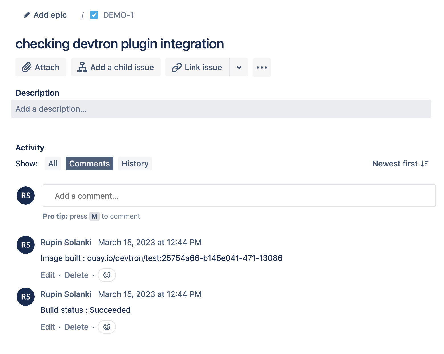 Build status update in JIRA ticket