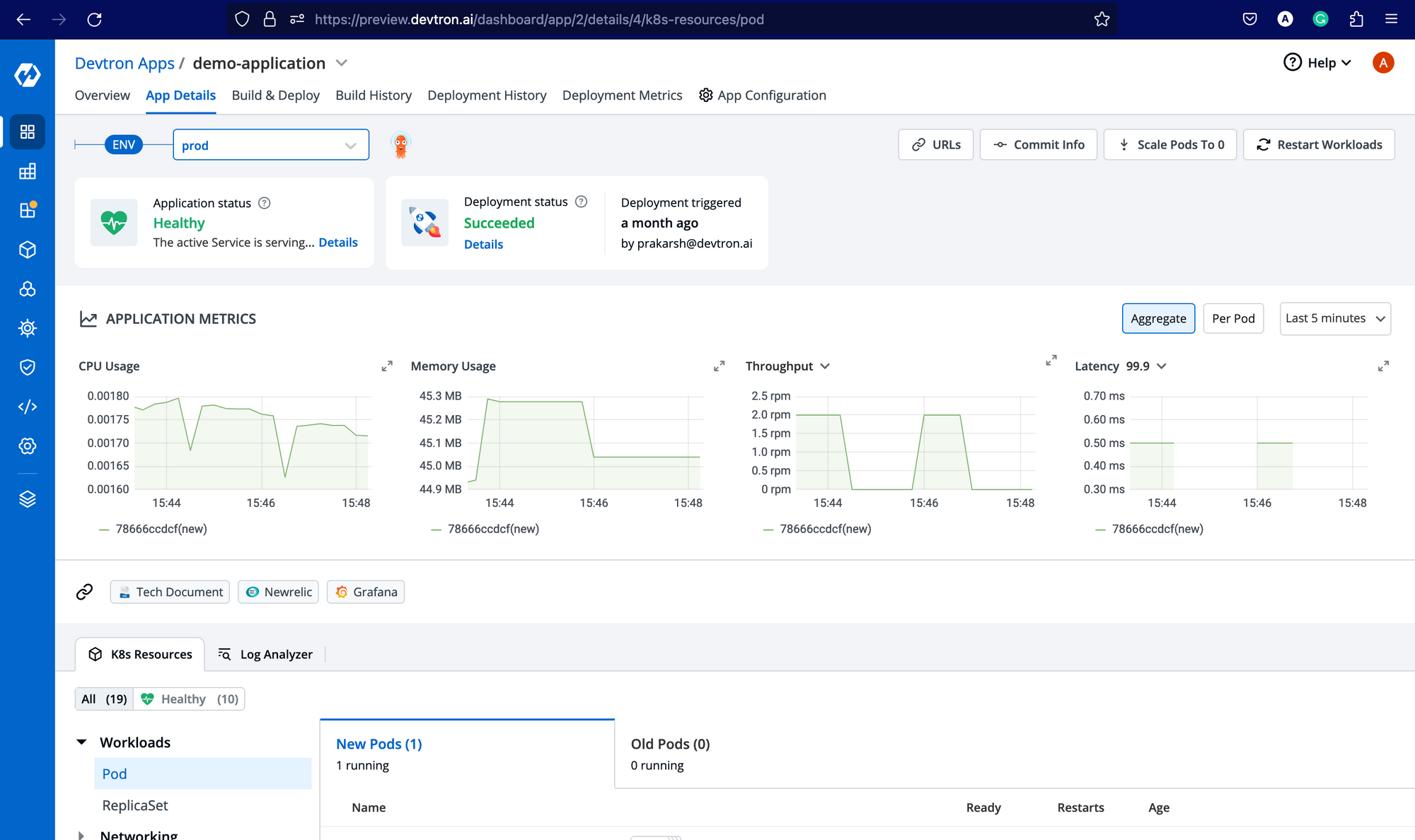 Application metrics for deployed applications