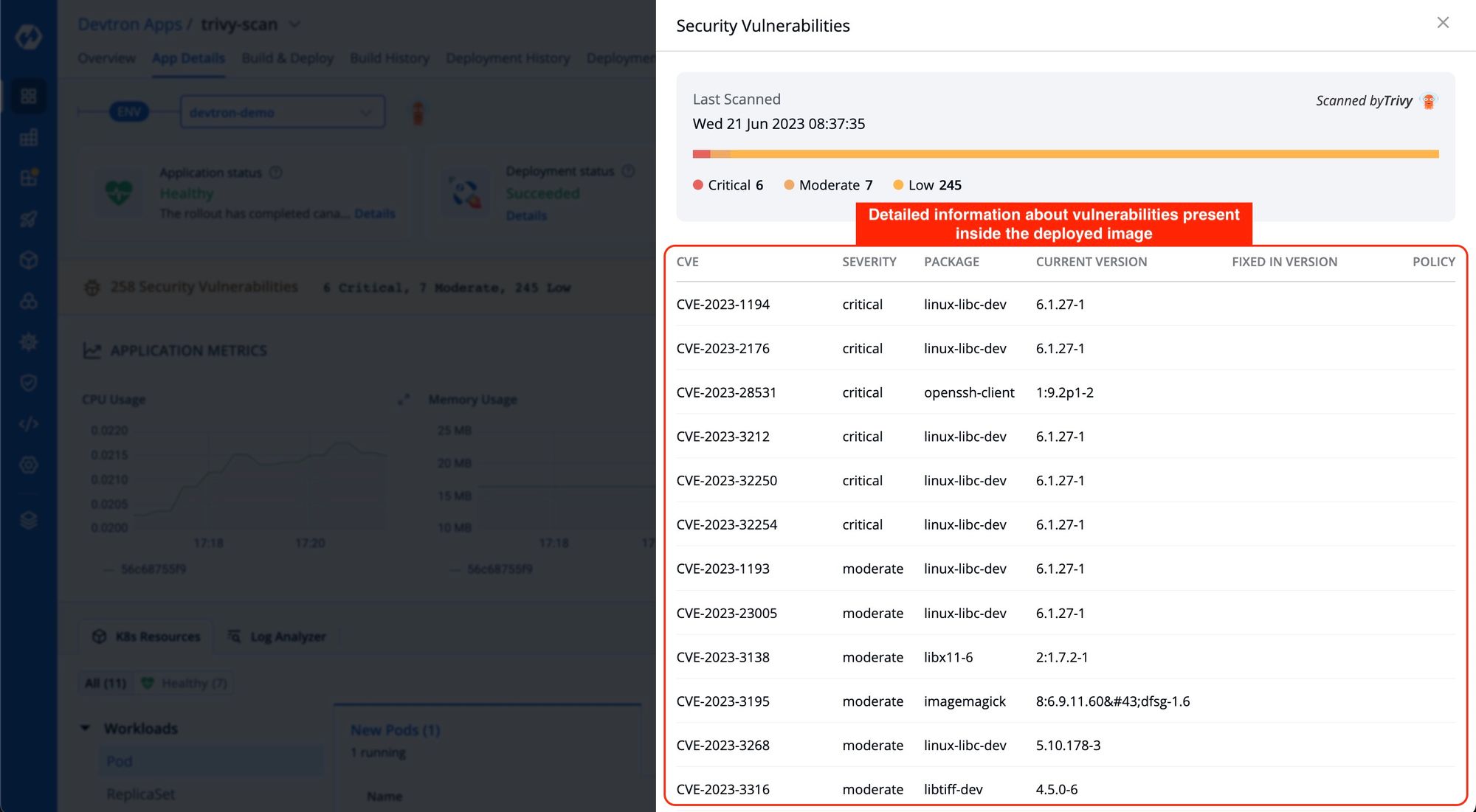 Scan report accessible on app details page