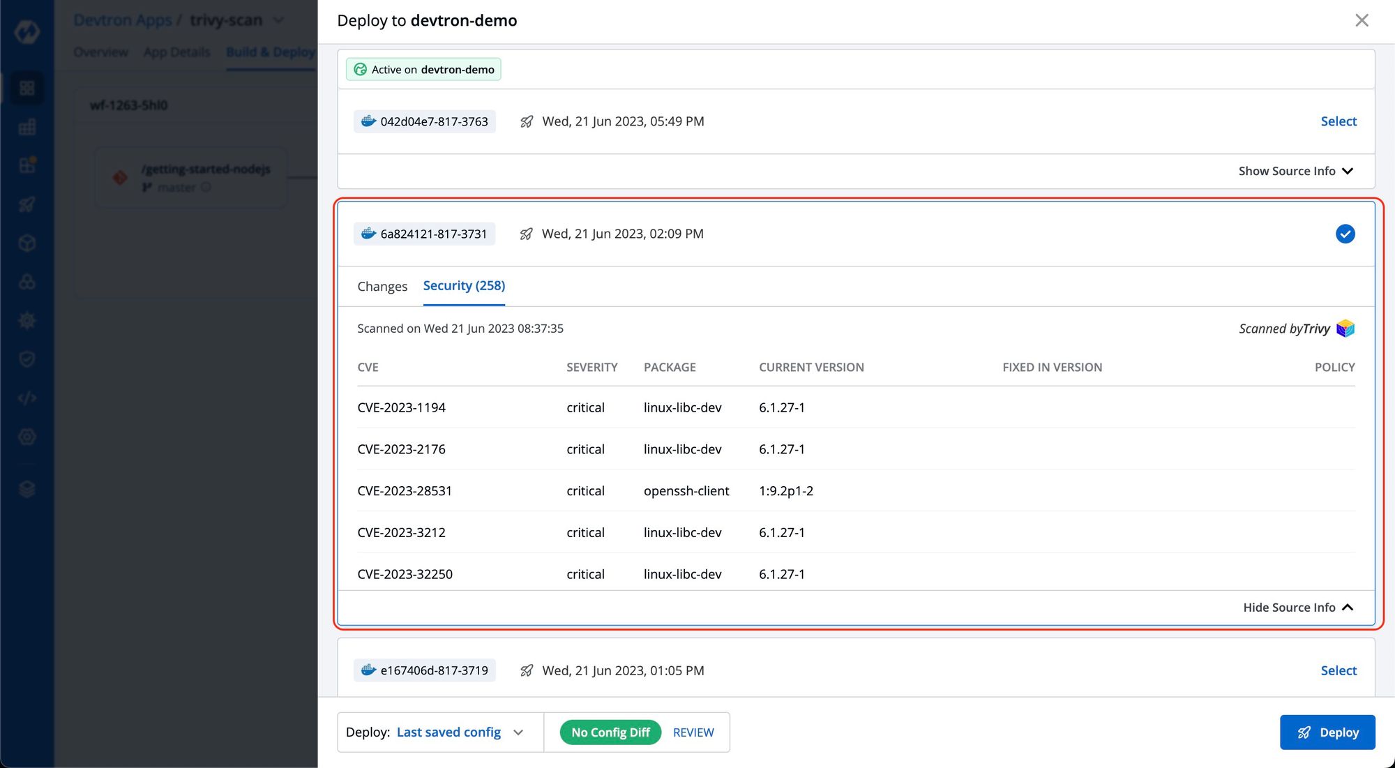 Security scan report on deployment page