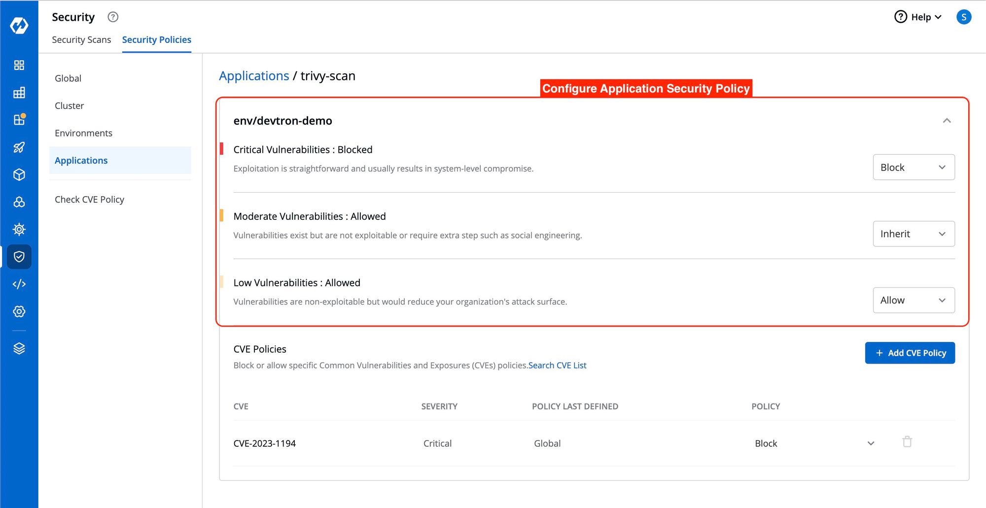 Configure application security policy