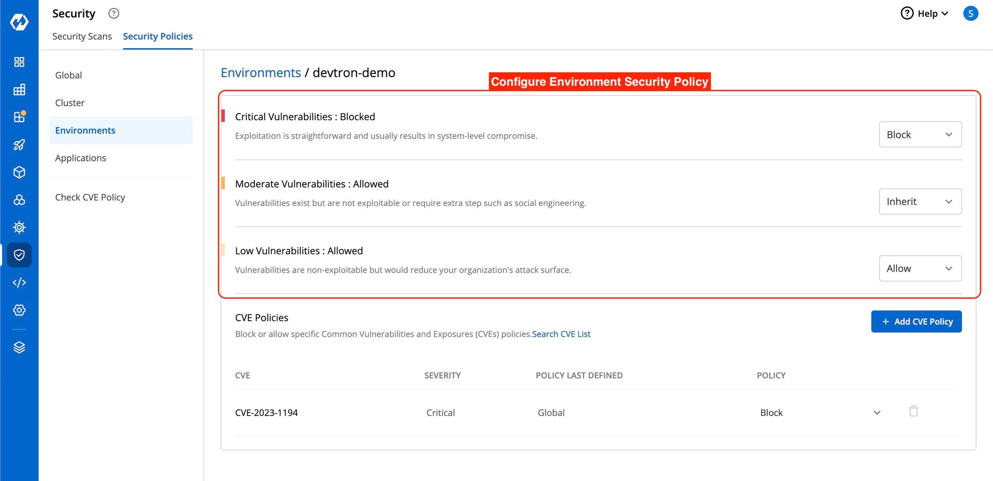 Configure Environment security policy