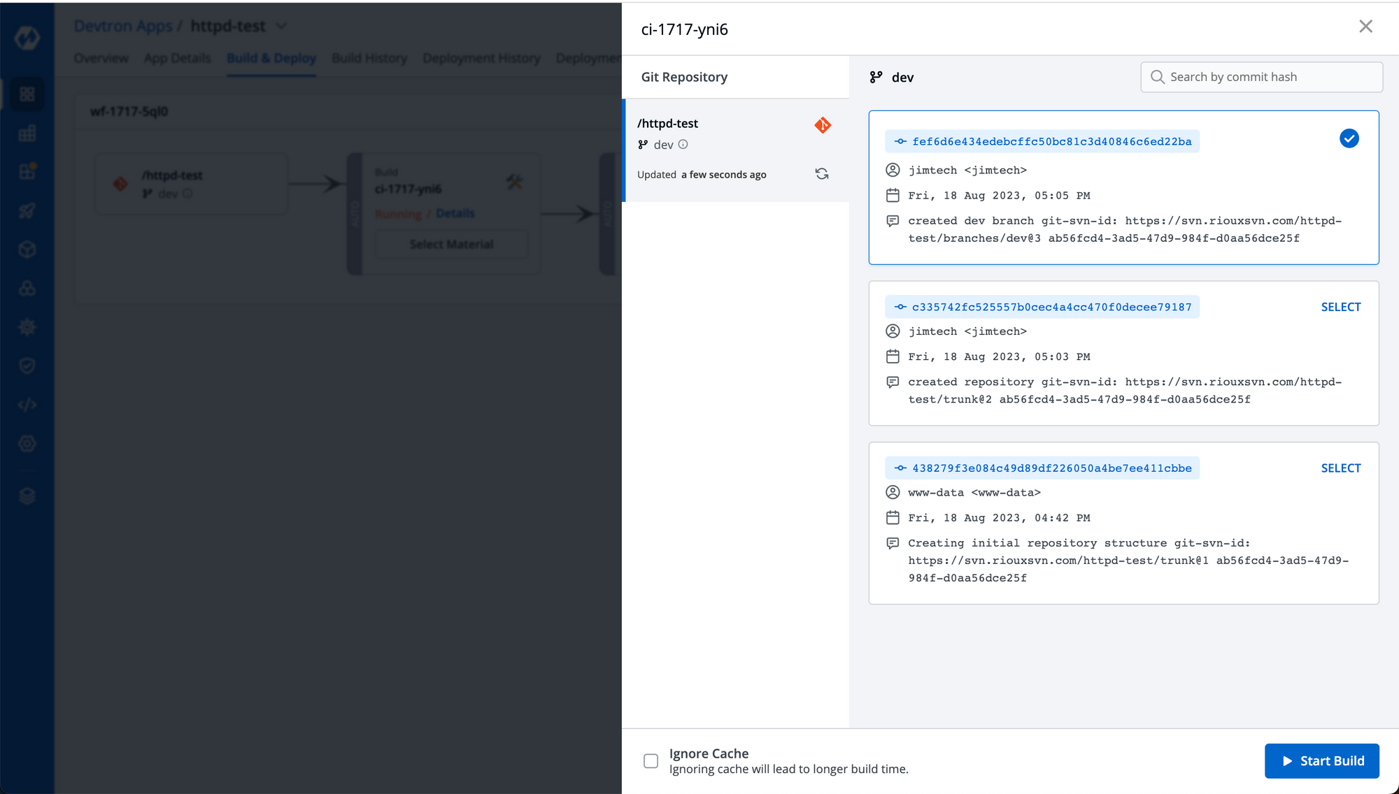 Select commit to trigger a new build