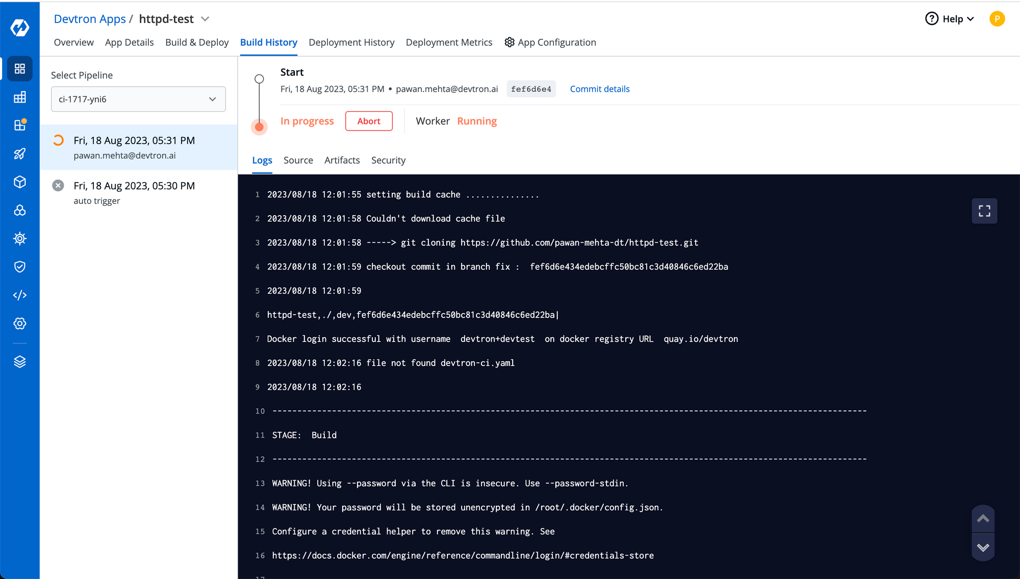 Build showing live logs on devtron UI