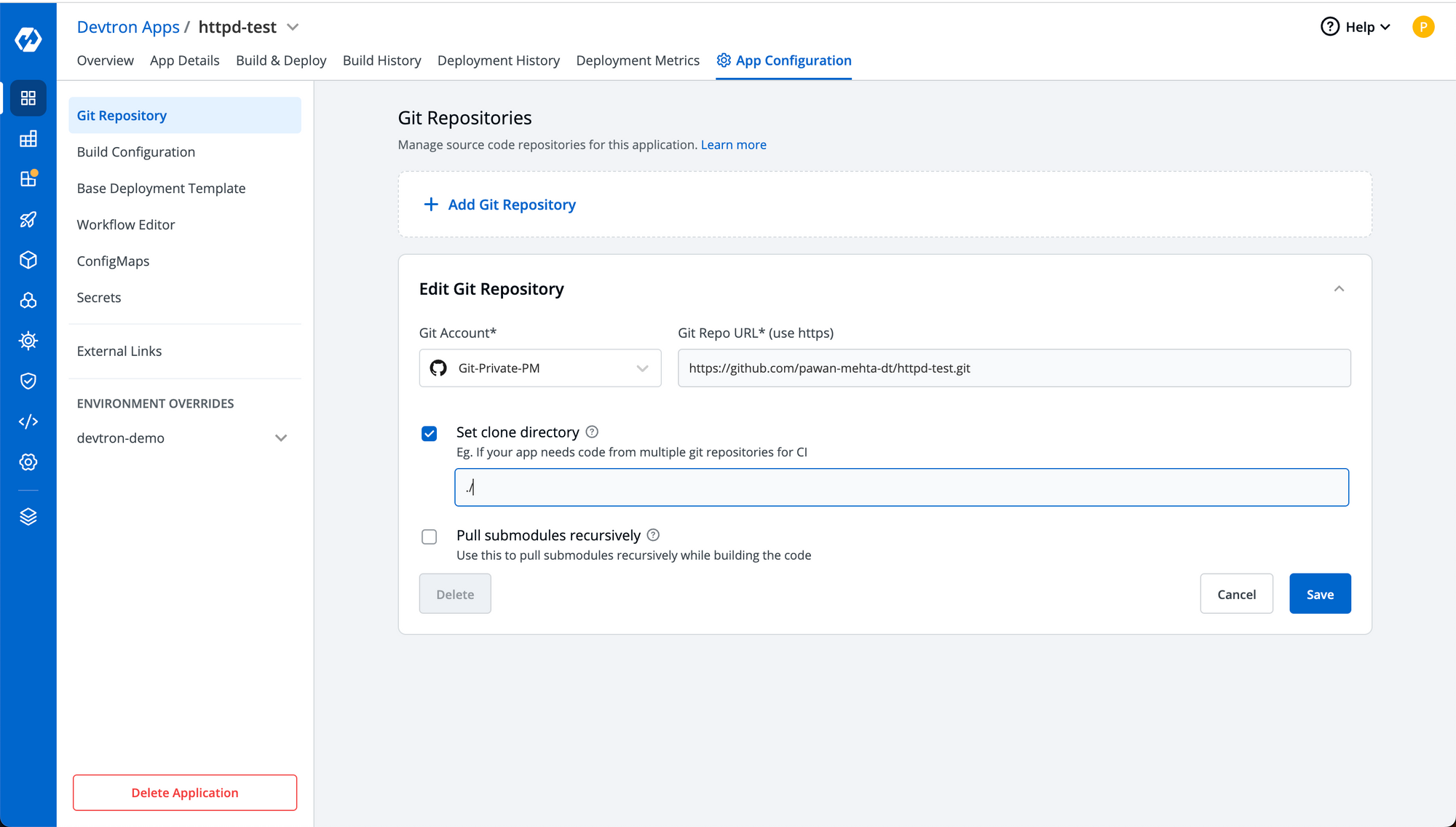 Git repository configuration in devtron app