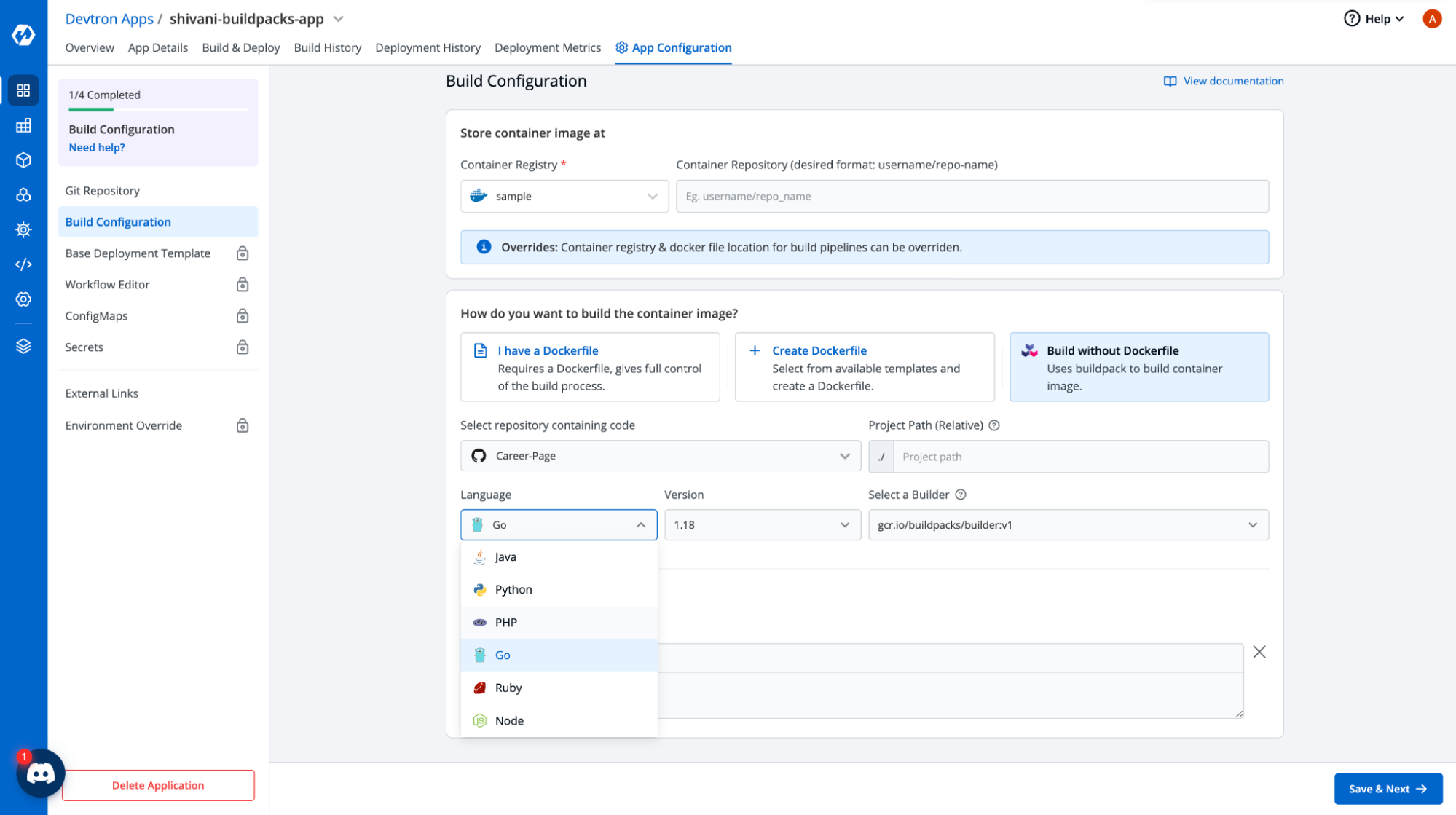 Select Language and Framework