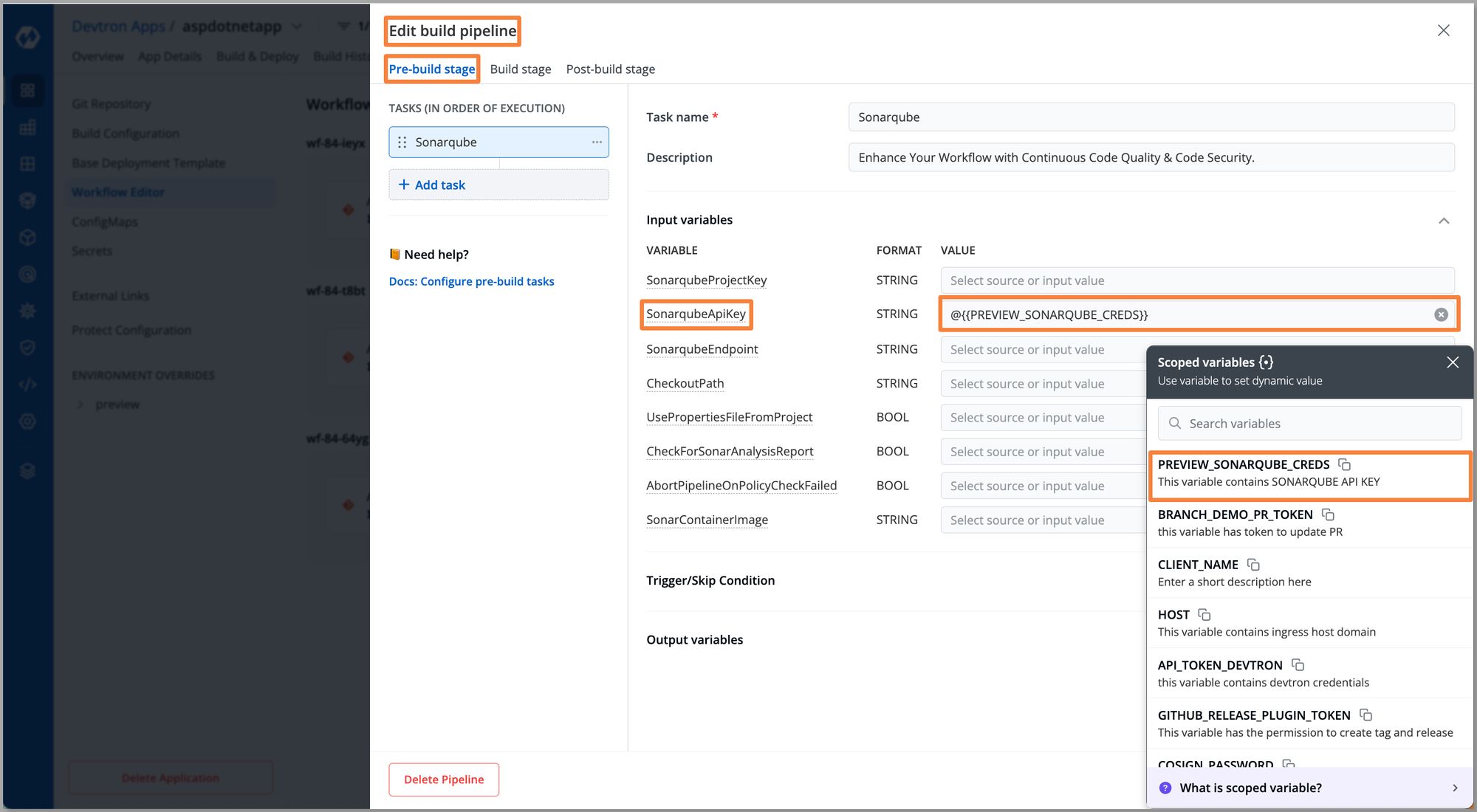 Scoped Variable for SonarqubeApiKey