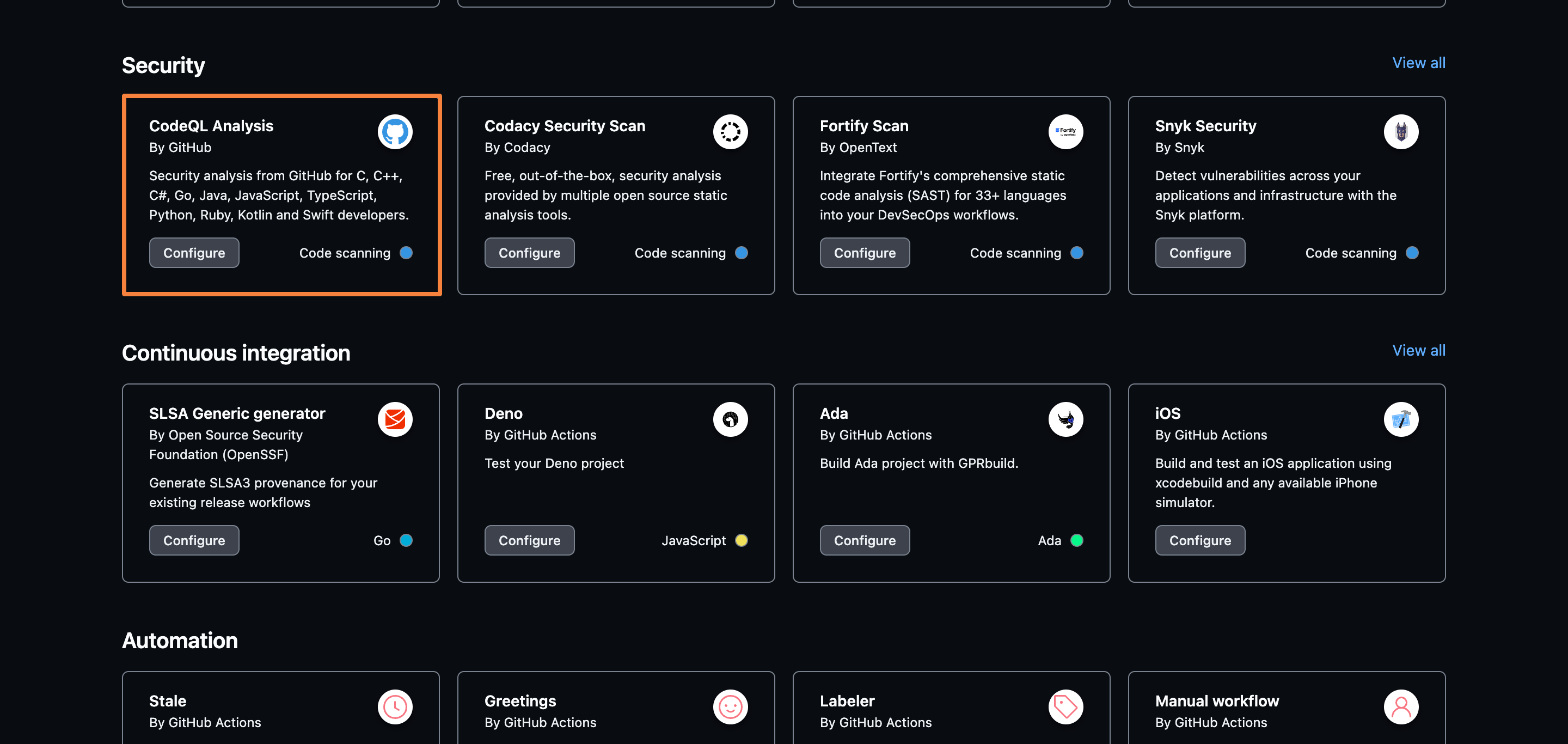 4. Select CodeQL Analysis Action