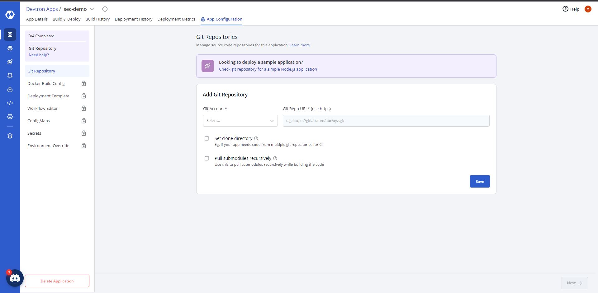 Application configurations in Devtron