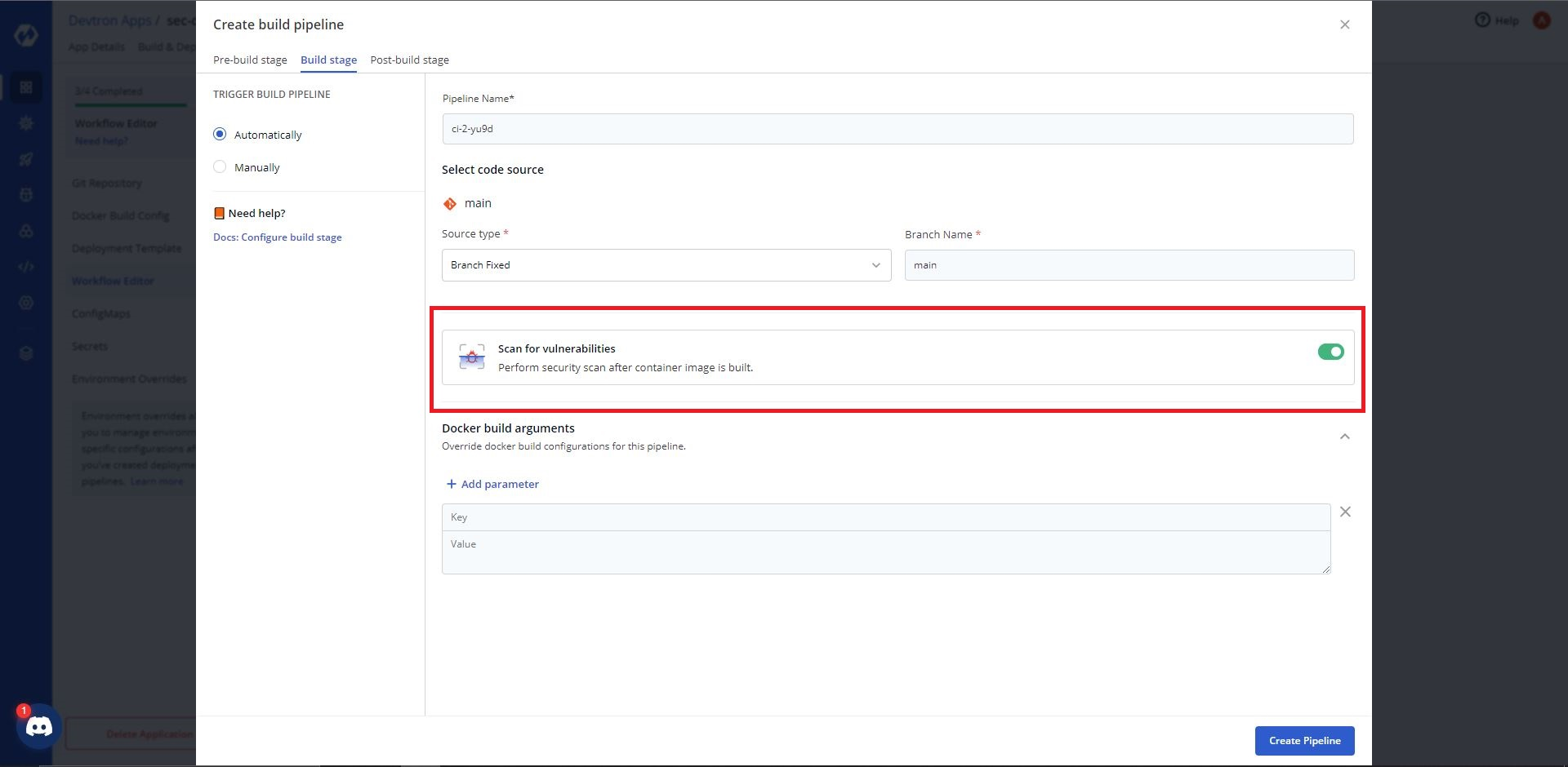 Enabling security scanning while setting up workflow