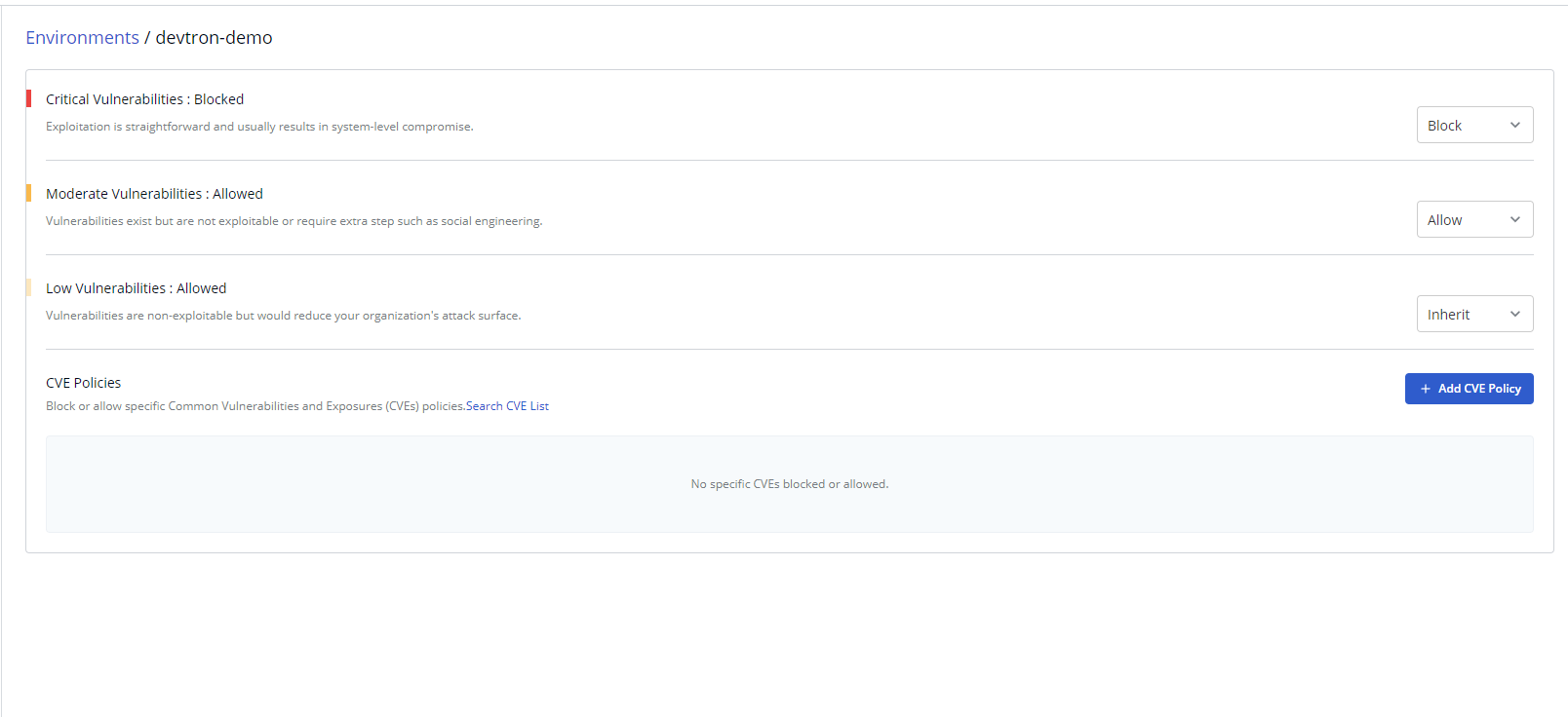 Enviornment Policy configurations