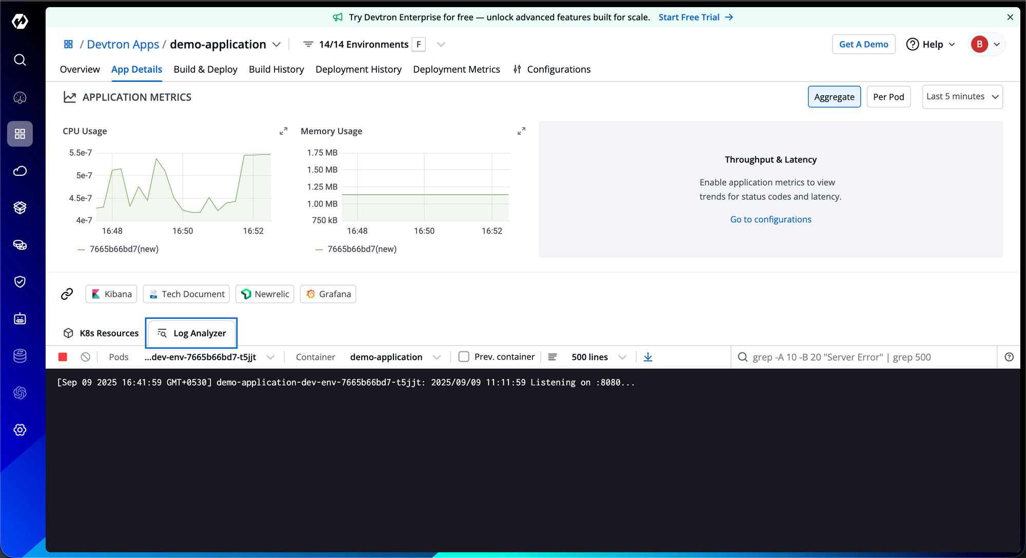 Log analyzer in the Real time Action on Devtron